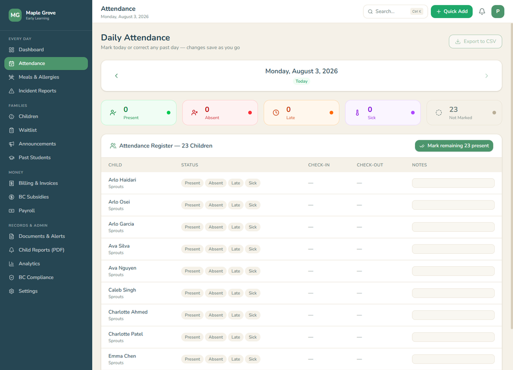 Daybook attendance screen (demo data)