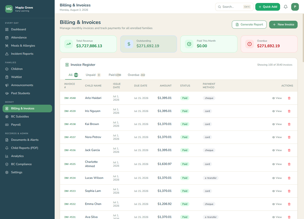 Daybook billing screen (demo data)