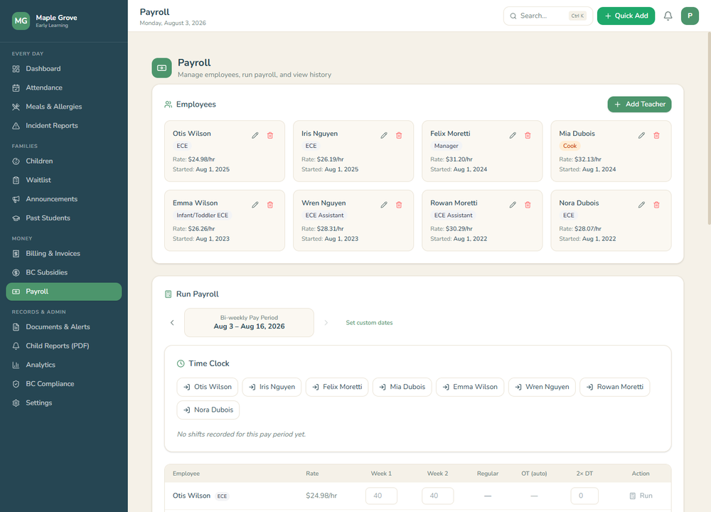 Daybook payroll screen (demo data)